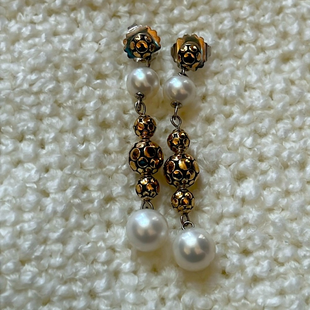 EUC John Hardy Sterling Silver & Gold Dot White Pearl Dangle Stud Earrings